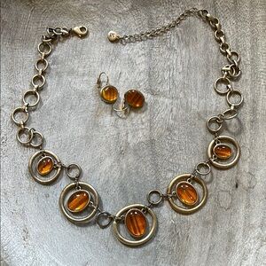 Liz Claiborne Amber and Gold Circle Necklace and Earring Set